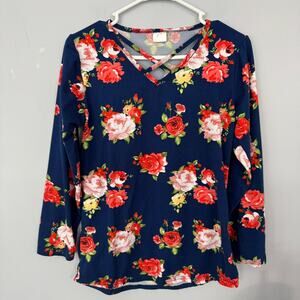 Unknown Brand Floral Print Blue Long Sleeve Top w/ Crisscross V-Neck Size Large